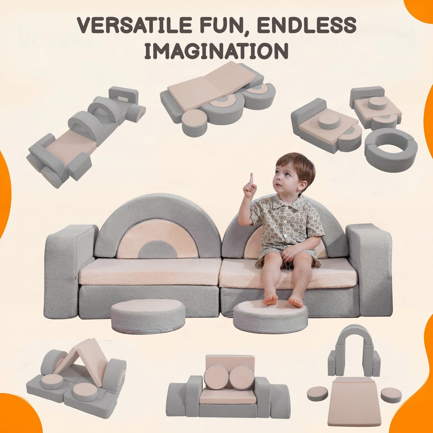 BUMNANA 14pcs Modular Kids Play Couch, Child Sectional Sofa, Fortplay Bedroom and Playroom Furniture for Toddlers, Convertible Foam and Floor Cushion for Boys and Girls