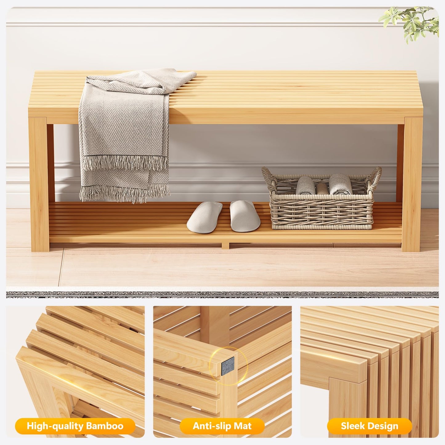 Bamboo Bench with Shelf, 35-in Entryway Bench Seat for Indoor, Natural