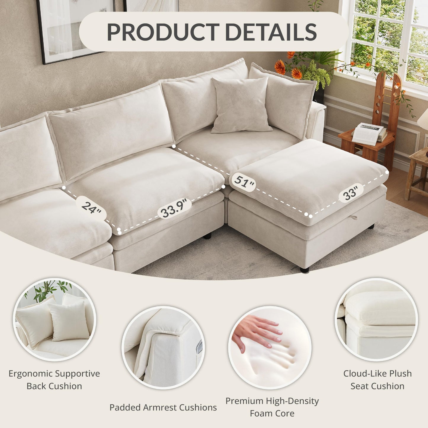 Attalee Single Armchair with Storage Ottoman, Modern Chenille Deep Seat Cloud Couch with Convertible Chaise, Upholstered Sofa Set for Living Room and Bedroom, Beige