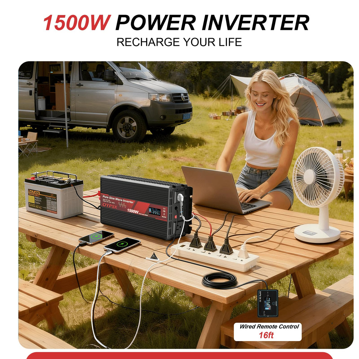 OYPSX 1500W Power Inverter 12V to 110V 120V AC Pure Sine Wave Inverter for RV Truck Camping,Outdoor Off-Grid Power Converter with LCD Display,Wired Controller,AC Outlets USB Ports (12V-1500Watt)