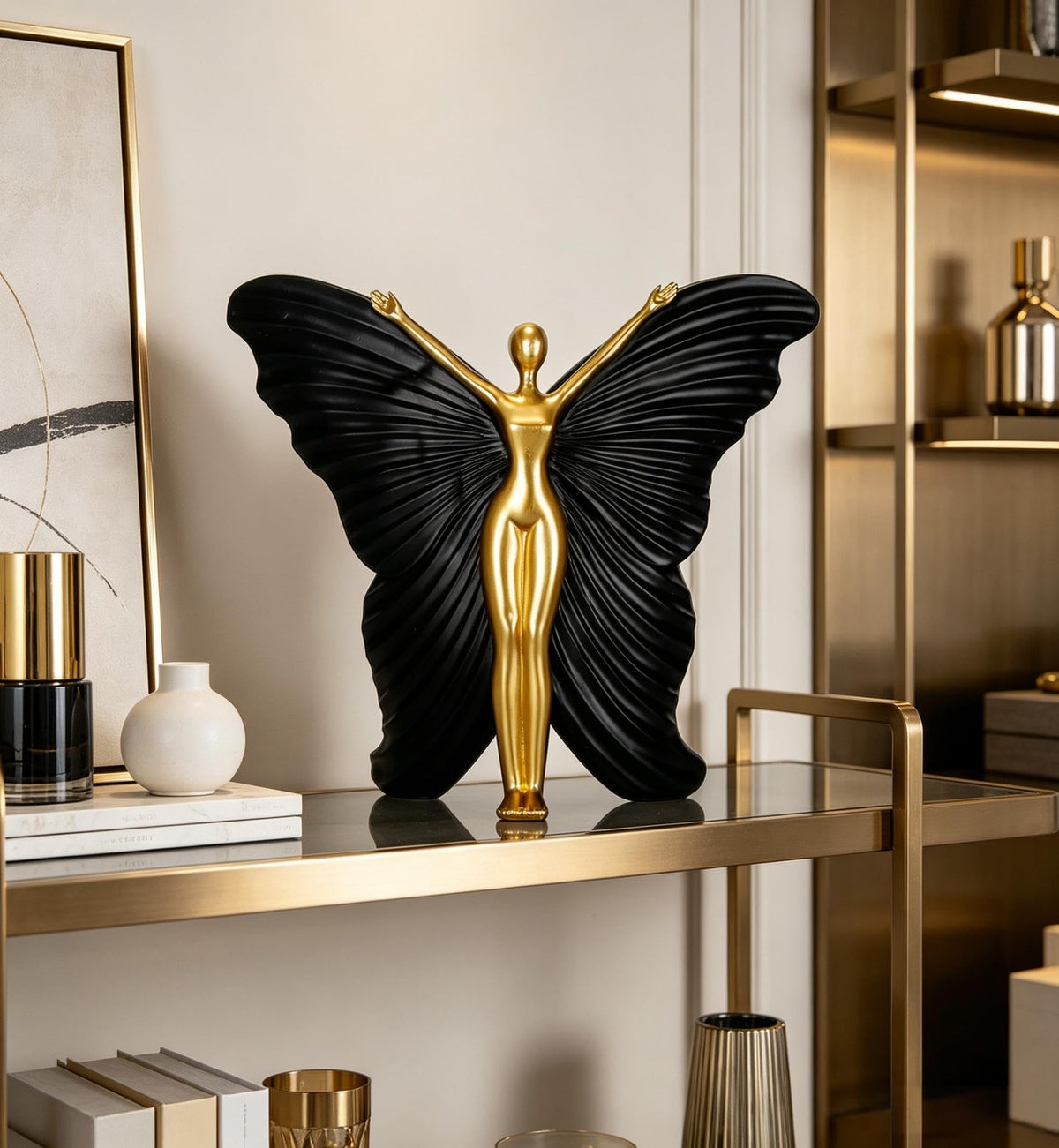 Black Fairy Butterfly Statue Collectible Figurines - Fairy Butterfly Art Sculptures Abstract Modern Home Decor Accents - Resin Black Fairy Statues Gifts for Office Desktop Shelf Cabinets Coffee Table