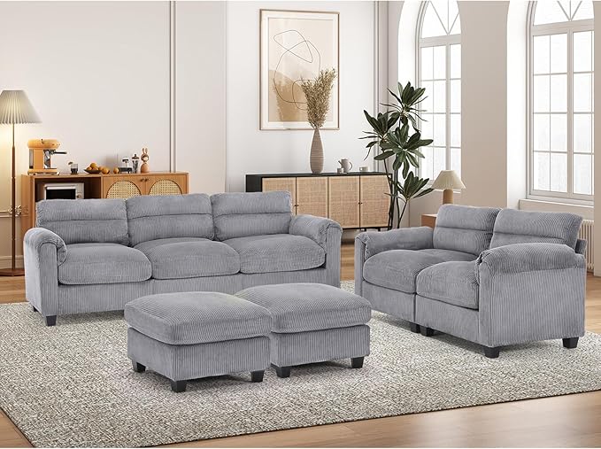 HAOMARKETS Corduroy 4-Piece Sofa Set, Upholstered Ottoman Set of 2, Loveseat