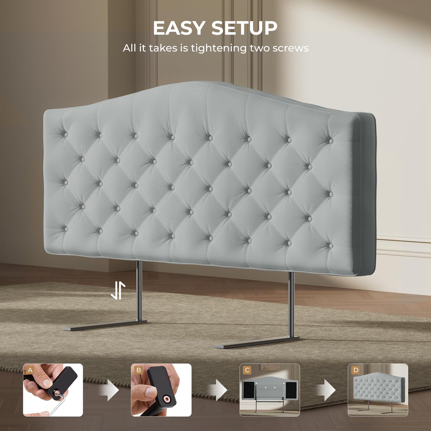 HOMRELEXA Upholstered Headboard Queen Size with 4" Thickened High-Density Sponge, Modern Button-Tufted Queen Headboard Only, Luxury Chenille Fabric, Easy Assembly, Grey