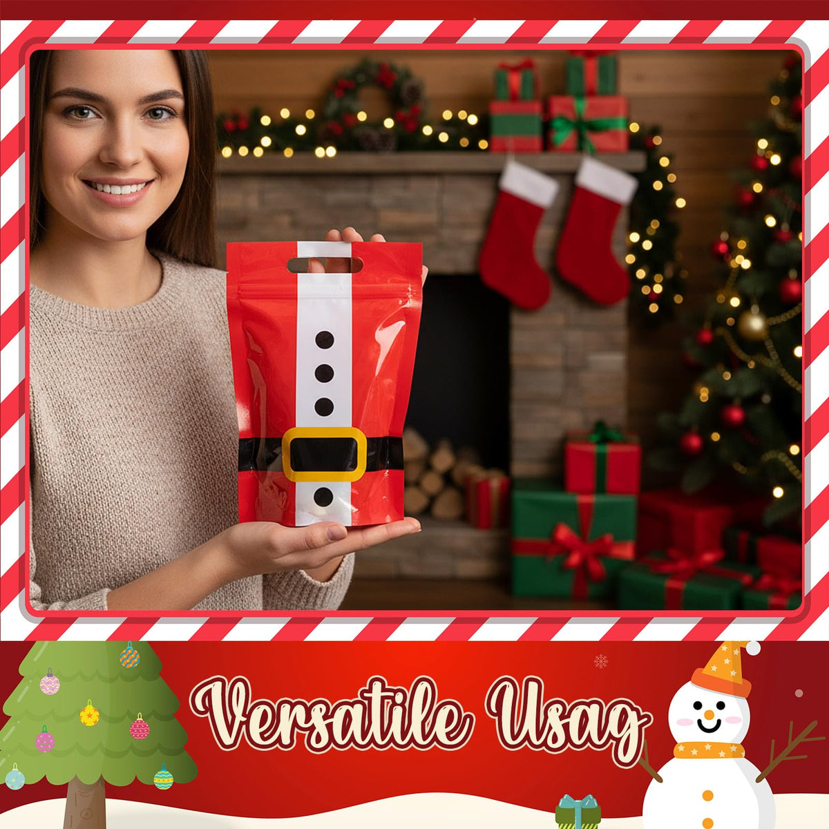 Gersoniel 50 Pcs Christmas Treat Gift Bags Resealable Santa Plastic Sealer Bags with Handles for Xmas Holiday Party Favor Candy Small Gift Wrapping Supplies Decoration