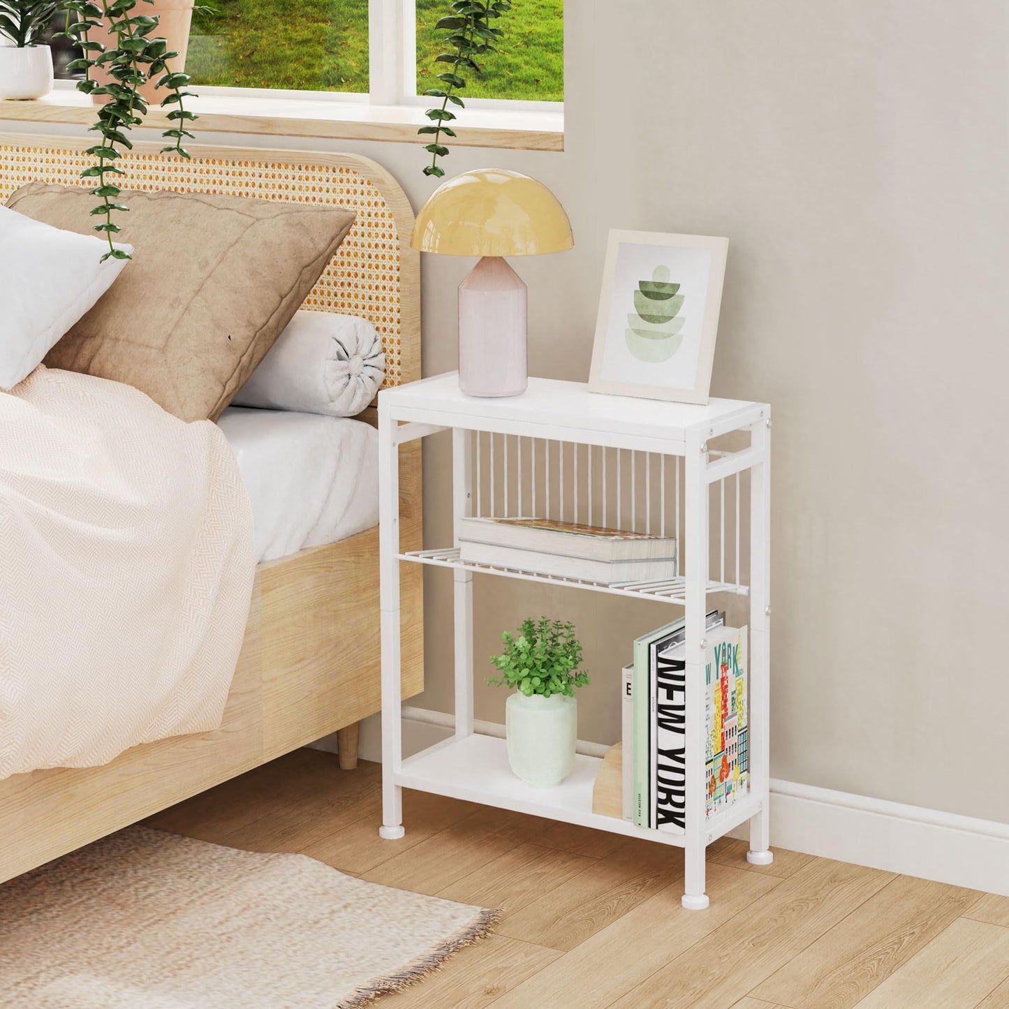 Lifenite Side Table for Small Spaces, Narrow End Table with Magazine Holder, 2 in 1 Design Slim Side Table, Skinny Nightstand for Living Room Bedroom, Thin Side Magazine Table, White