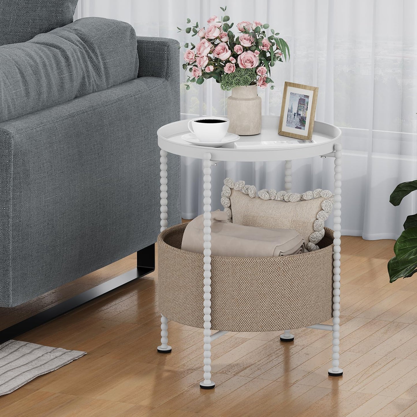 YINMIT Round Side Table with Fabric Storage Basket, Metal End Table, Bedside Nightstand,Sofa Coffee Side Table for Living Room，Bedroom, Office, Balcony