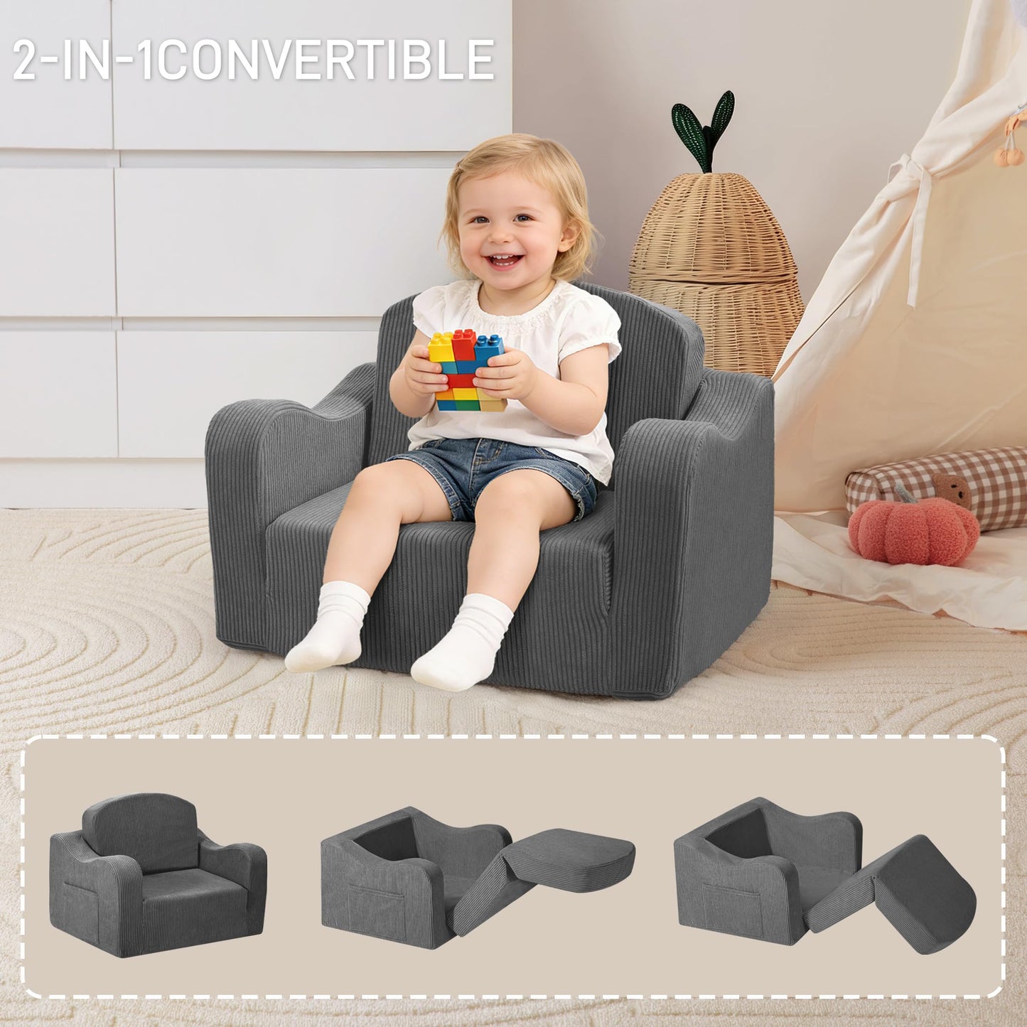 aodisman 2-in-1 Kids Chair and Couch, Thick Cozy Corduroy Kids Sofa, Convertible Foam Seating for Reading, Playing, Removable Washable Cover,Grey