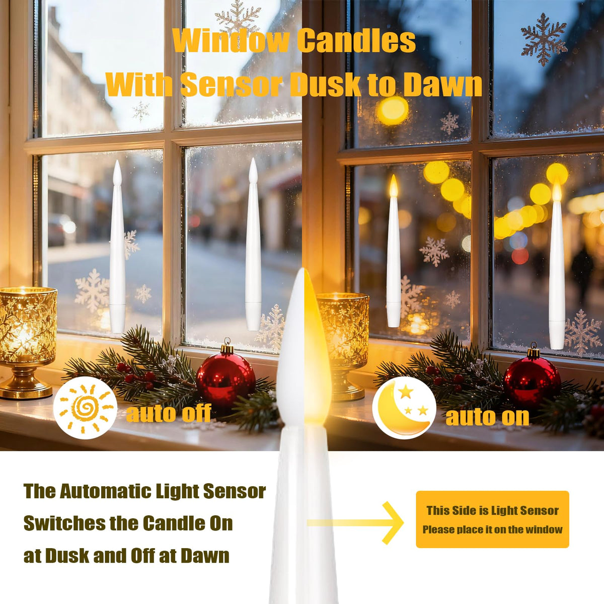 6.1" x 0.5" Window Candles with Sensor Dusk to Dawn, 6 Pcs Ivory Flameless Taper Candle with Dimmer Battery Operated with Nano Adhesive lasts up to 200+ Hours for XMas, Halloween Decor and Holiday