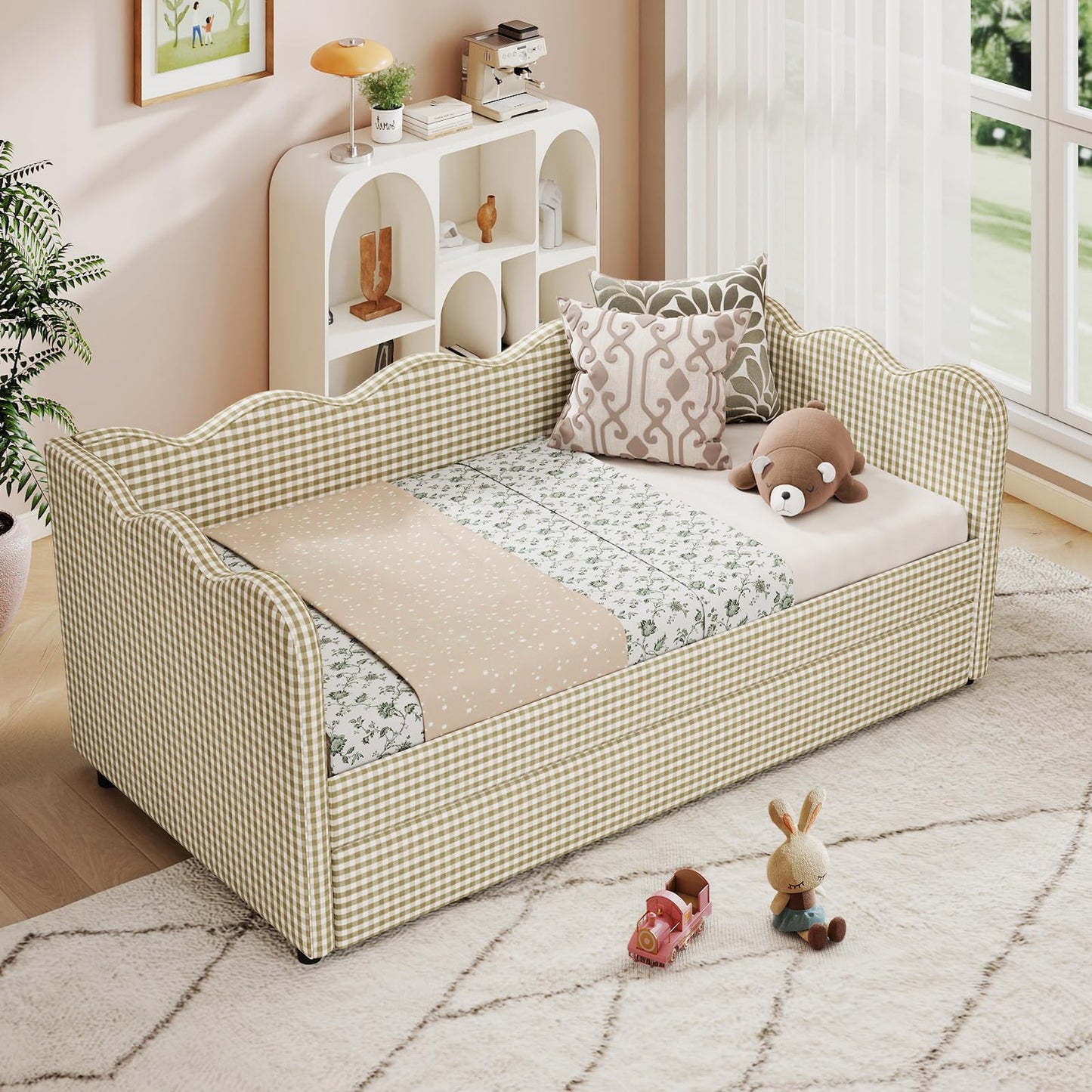 Twin Size Daybed with Pop Up Trundle, Twin to King Gingham Daybed with USB, Upholstery Adorable Wave Shaped Linen Sofa Bed, No Box Spring Needed, Extendable Day Bed for Bedroom, Living Room, Brown