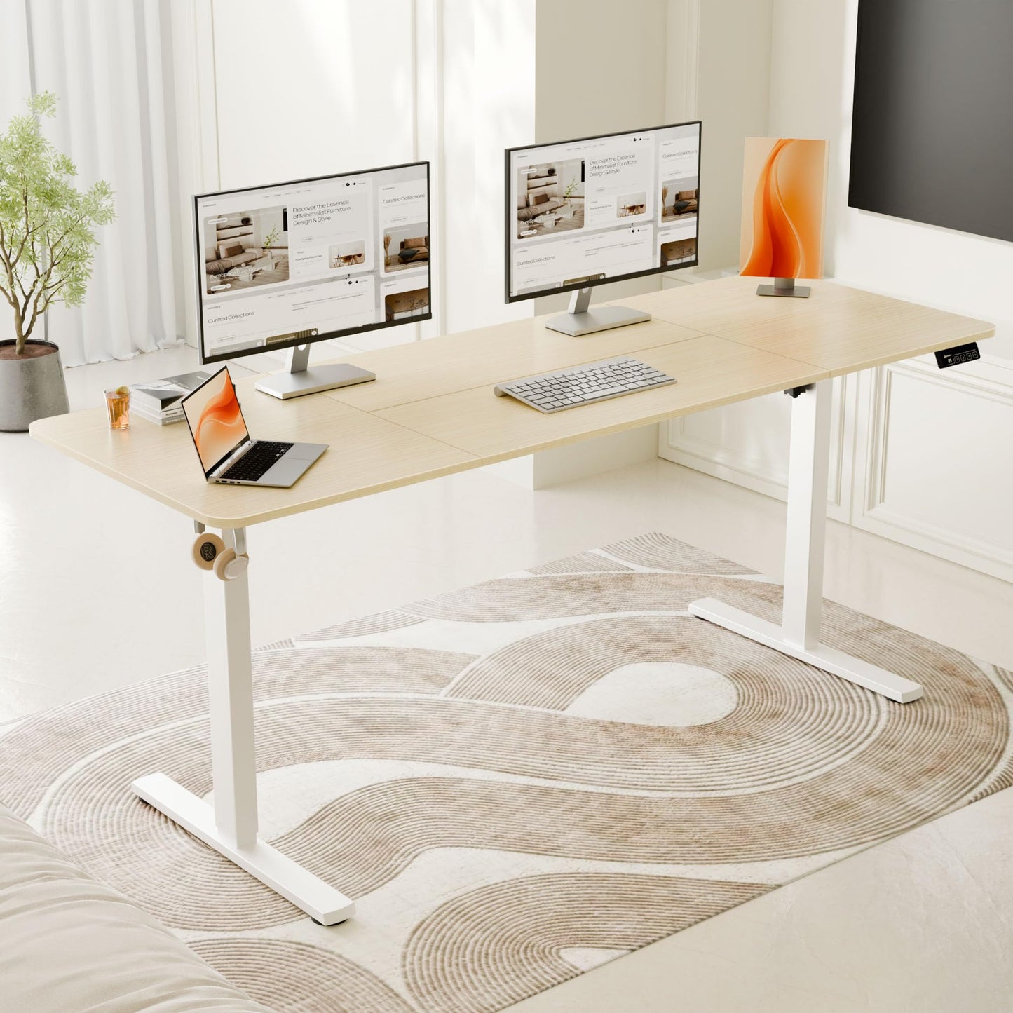 ERGOMAKER Electric Standing Desk, 67" x 23.6" Height Adjustable Sit Stand Desk with Splice Board for Home Office, Computer Desk Memory Preset (White Frame, Gold Oak Desktop)
