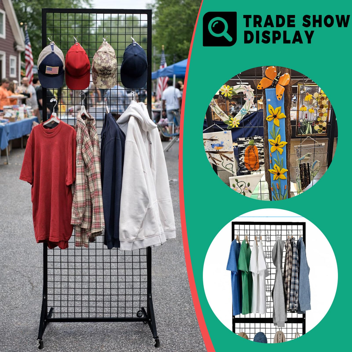 PAODIJO Fordable grid wall panel display stand- 5.5”*2” wire display shelves for merchandise vendor events,portable wreath display rack for craft shows