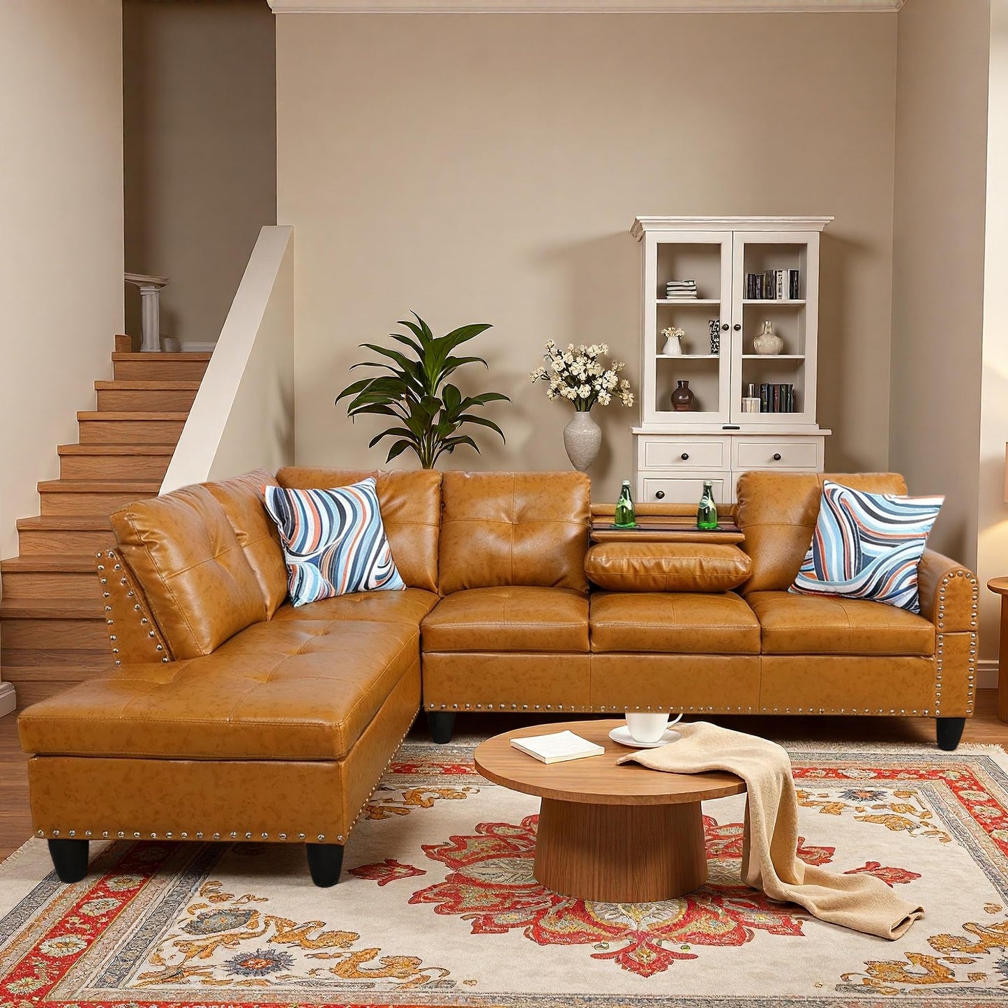 Trygoal L-Shaped Sectional Sofa, Modern 4-Seat Couch with Built-in Cup Holders, Leather Sectional Couch with Left Facing Chaise for Living Room, Apartment, Office, Ginger