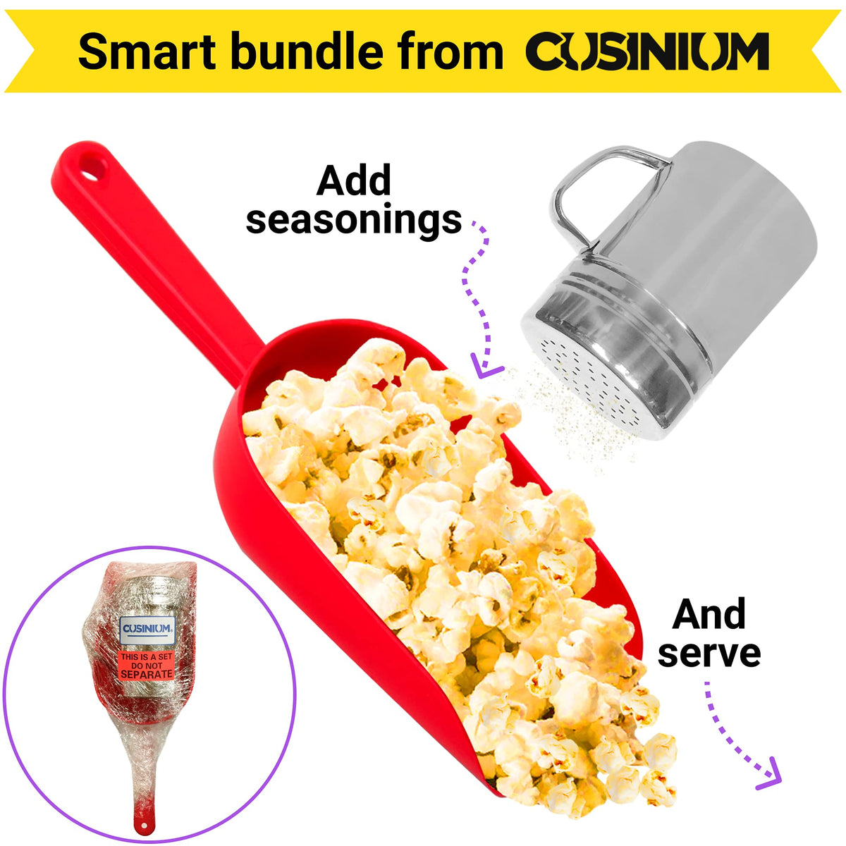 CUSINIUM Red Popcorn Plastic Scoop with Popcorn Salt Shaker (Handle, Plastic Cap) - Popcorn Concession Supplies Bundle