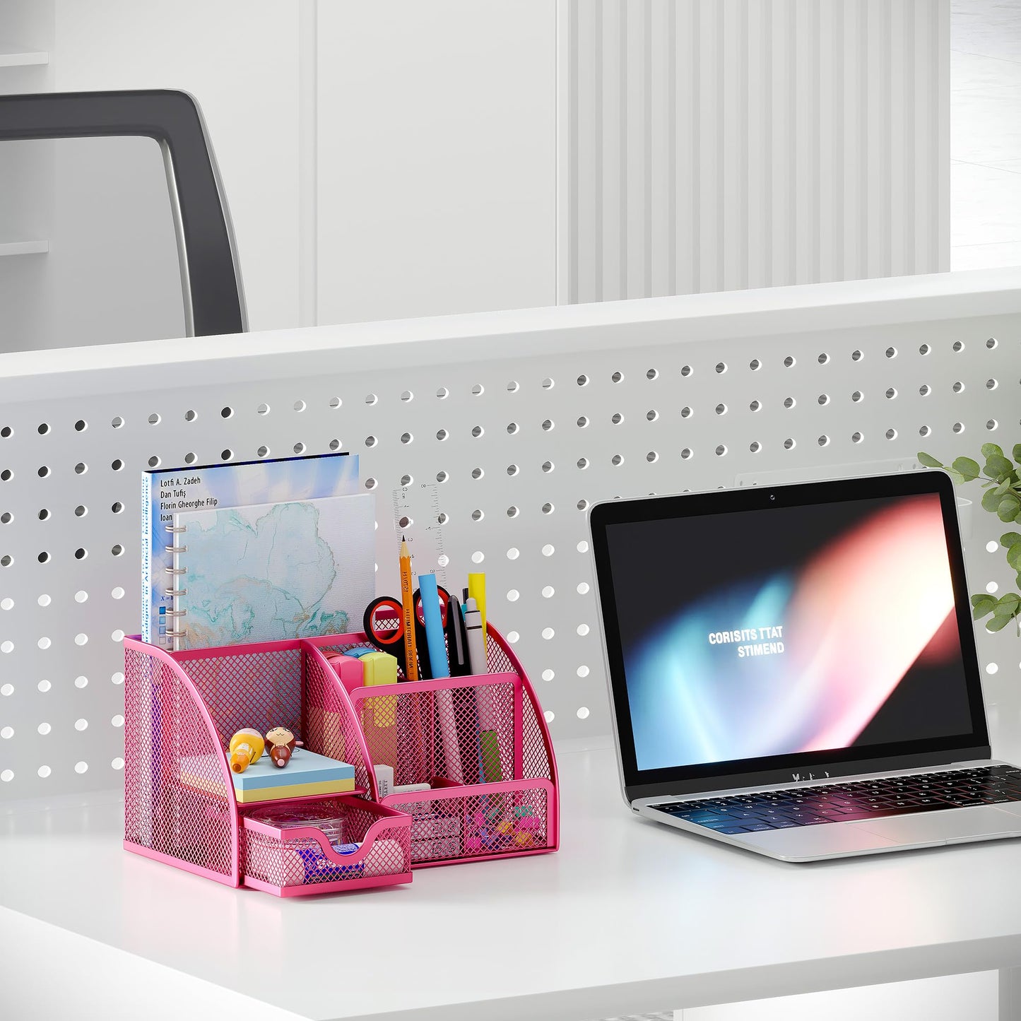 EasyPAG Mesh Desk Organizer with Drawer Multi-functional Pen Holder Stationery Organizer for Office School Supplies 6 Compartments Dorm Organizers and Storage for Desk, Hot Pink
