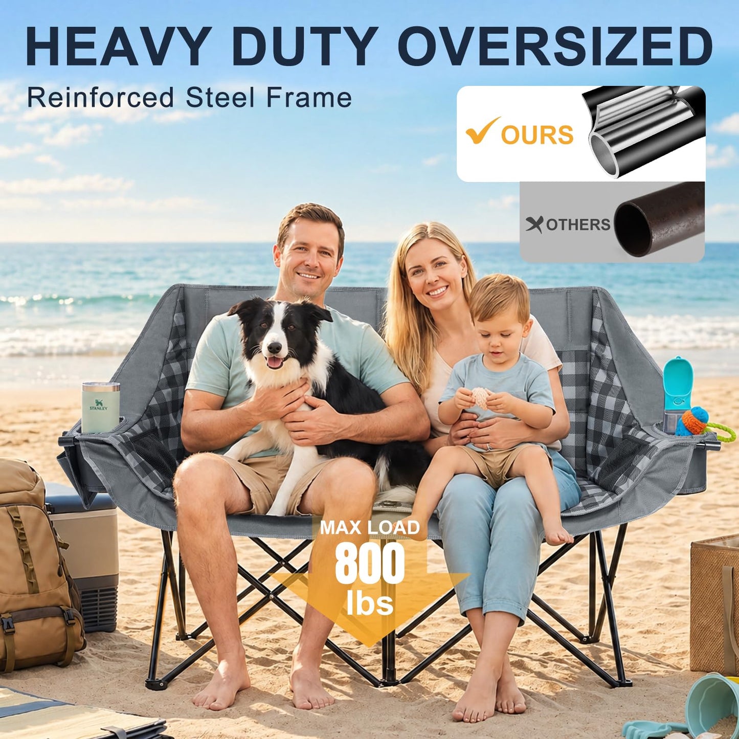 RVIEIS Double Camping Chair 2 Person Loveseat Oversized Padded Camping Couch Heavy Duty Portable Folding XL Camp Chair with Cup Holder Side Pocket for Outdoor Lawn Beach Sport Support 800LBS, Plaid