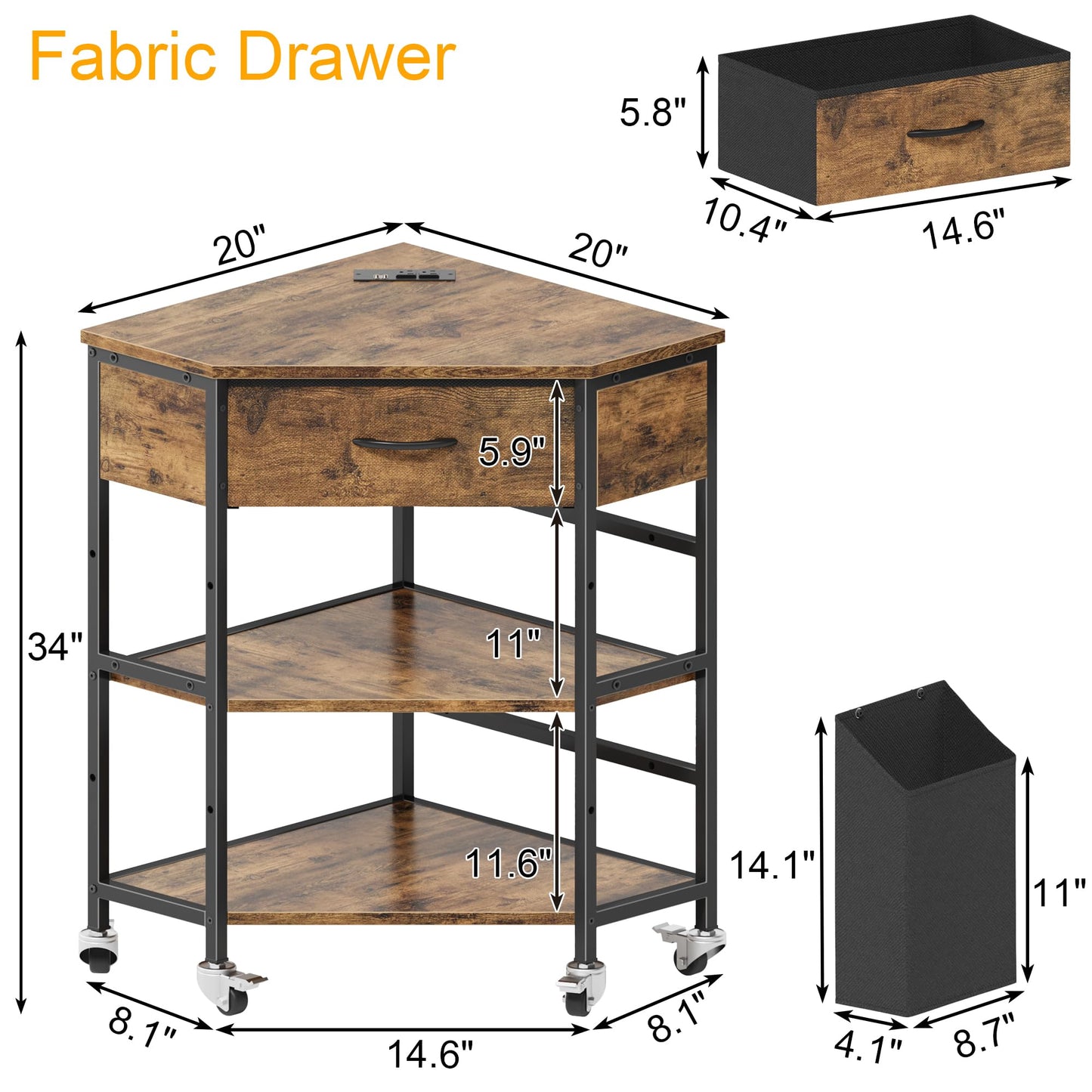 YAOHUOO Corner Printer Stand, Corner Table with Power Outlet/Storage Fabric Drawer，Printer Cart for Home Office with Height Adjustable Shelf/Side Pocket, Rustic Brown