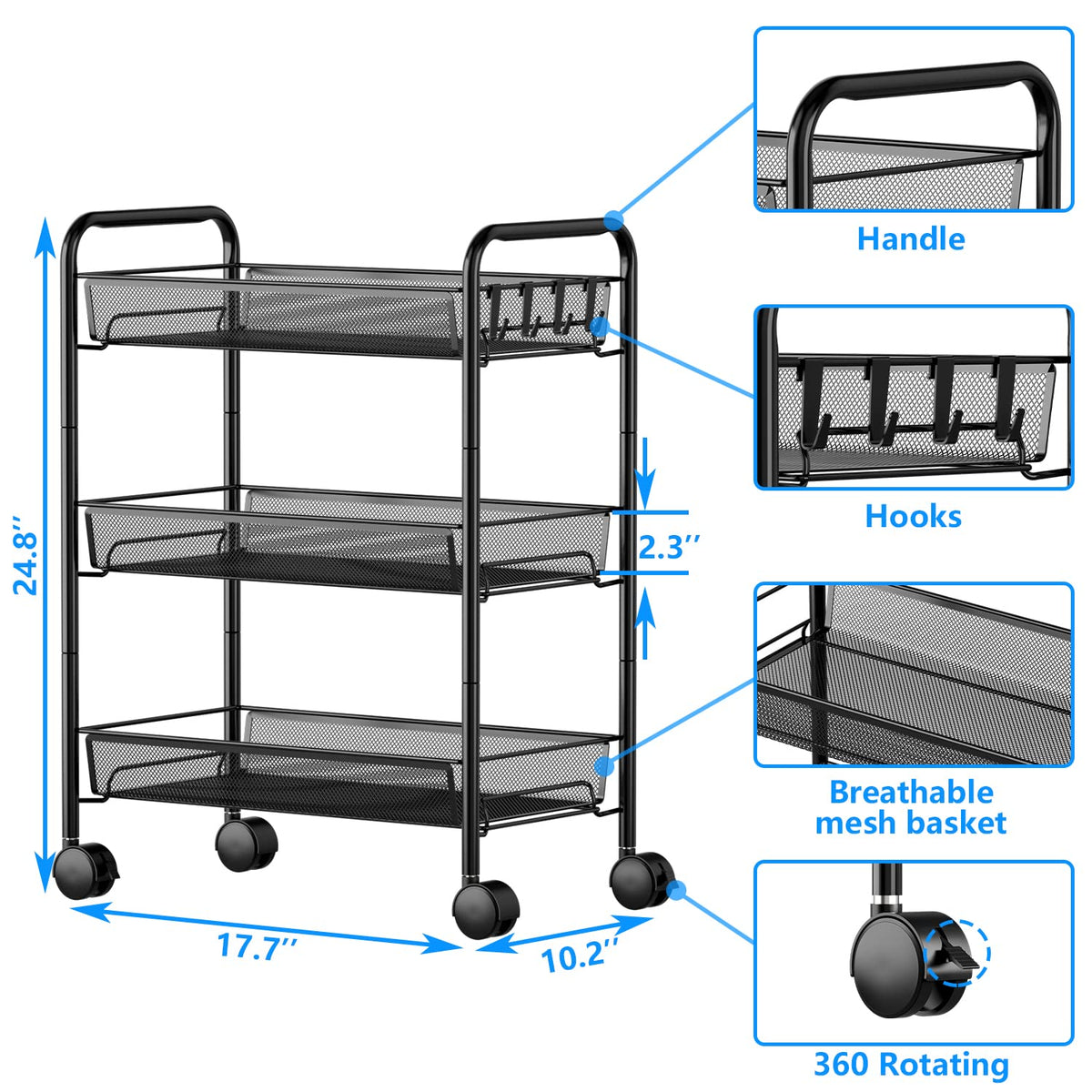 OVICAR Mesh Wire 3 Tier Rolling Cart, Kitchen Storage Utility Cart, Multifunction Basket Stand for Bathroom, Full Metal Storage Art Trolley Carts with Wheels & 4 Side Hooks (Black)