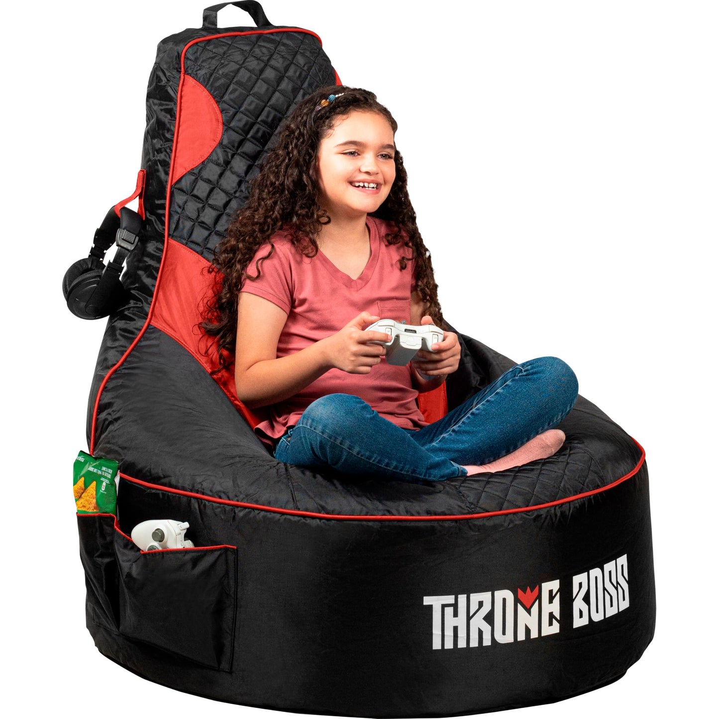 Throne Boss Gaming Bean Bag Chair Cover for Kids with High Back, Red – Gamer Chair for Kids with 2 x Large Side Pockets, Headphone Hanger, Easy to Clean Fabric, Requires 200 Liters Polystyrene Beans