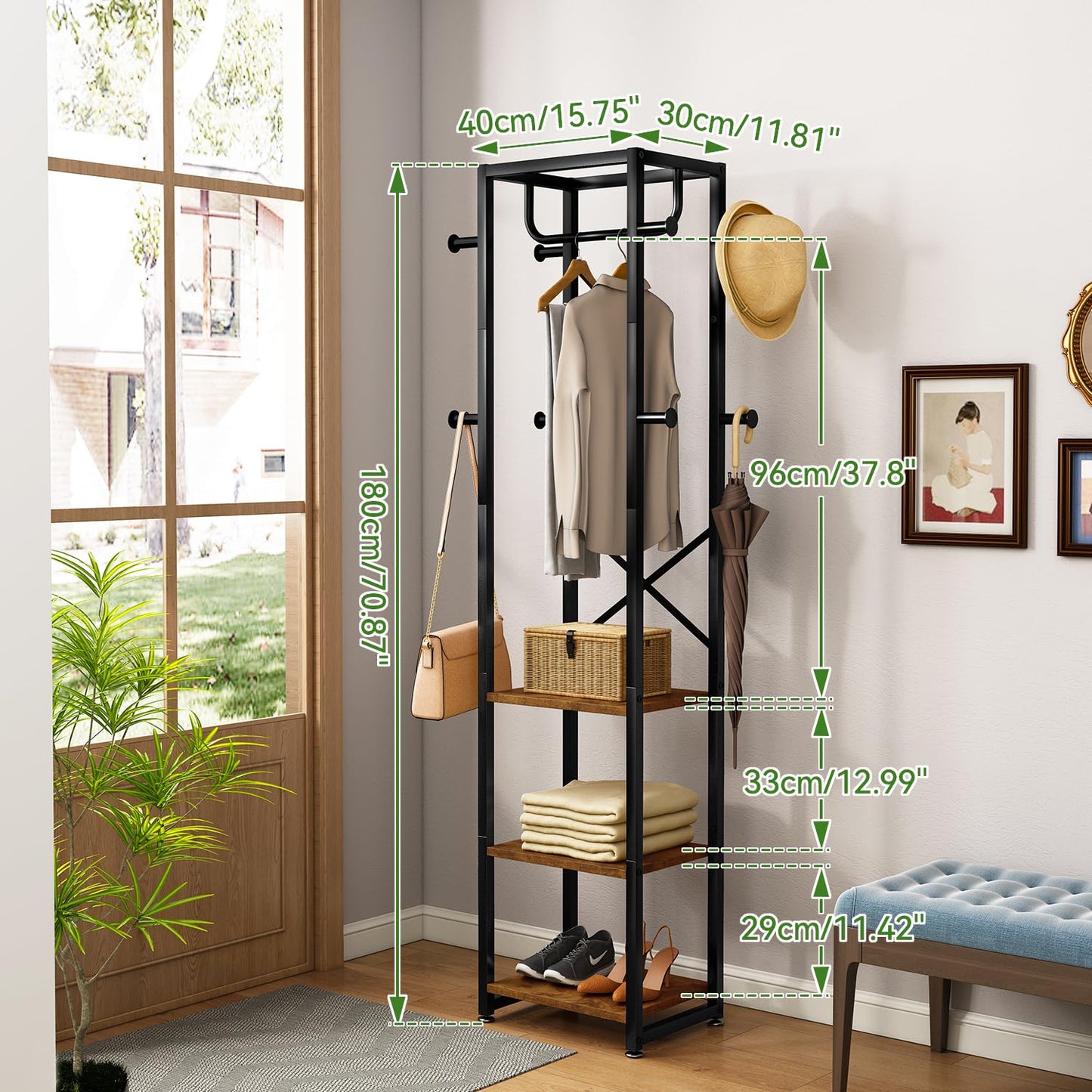 IBUYKE Coat Rack with Shelves, Freestanding Hall Tree with 3 Shelves and 8 Hooks, Industrial Clothes Stand for Entryway, Hallway, Bedroom, Rustic Brown UTMJ088H