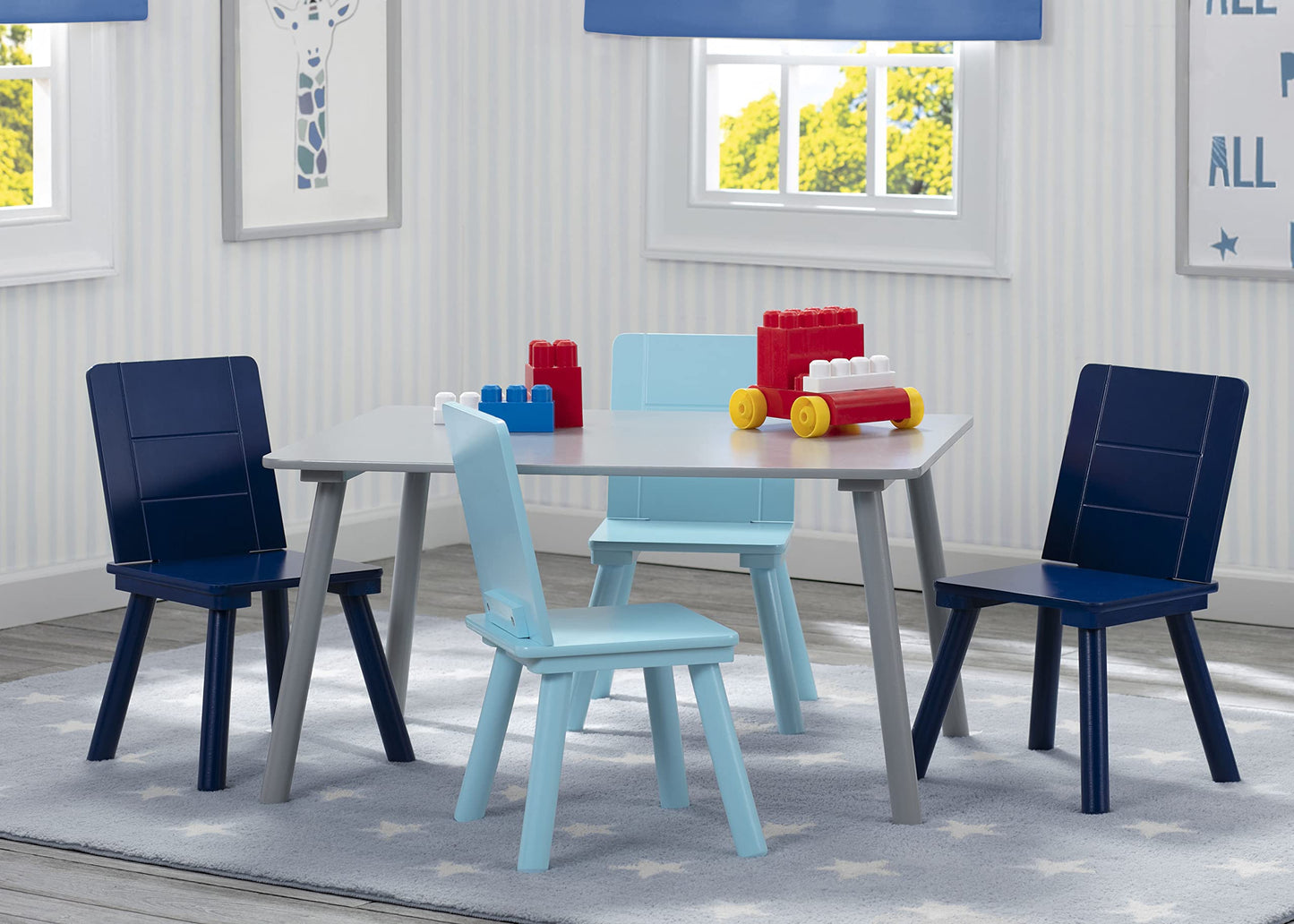 Delta Children Kids Table and Chair Set (4 Chairs Included), Grey/Blue & Design and Store 6 Bin Toy Organizer, Grey/Blue