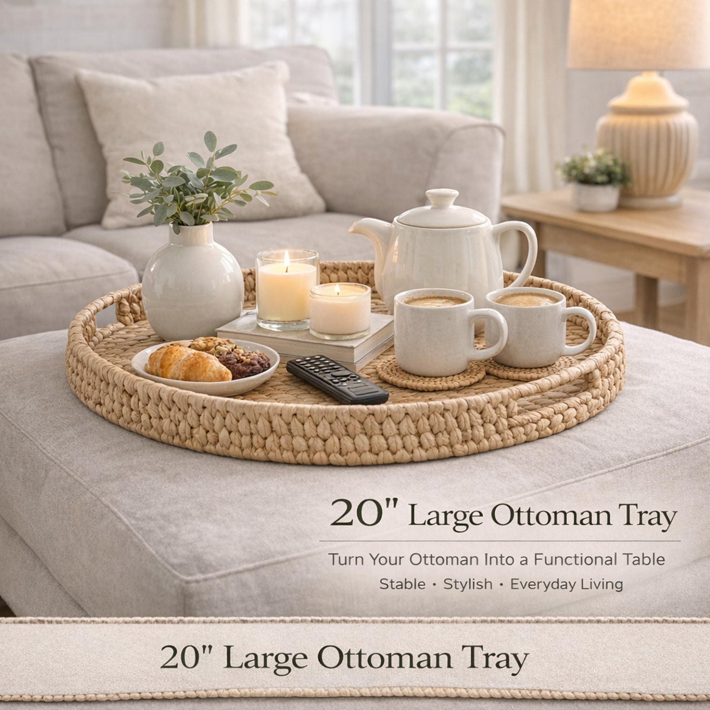 Extra Large Round Ottoman Tray Set of 3 (20", 16", 10")–Water Hyacinth Rattan Wicker Coffee Table Tray with Handles, Oversized Serving Tray for Kitchen Island, Dining Table, Entryway, Bedroom Decor