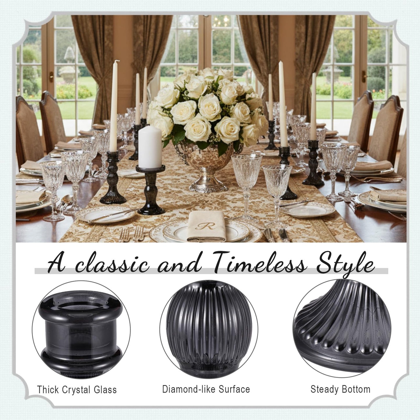 Mumufy 10 Pcs Glass Crystal Taper Candle Holders Clear Glass Candlestick Holder Fit 0.8 Inch Candles Crystal Decorative Candle Stand Centerpiece Table Wedding Dining Party (Classic,Black)