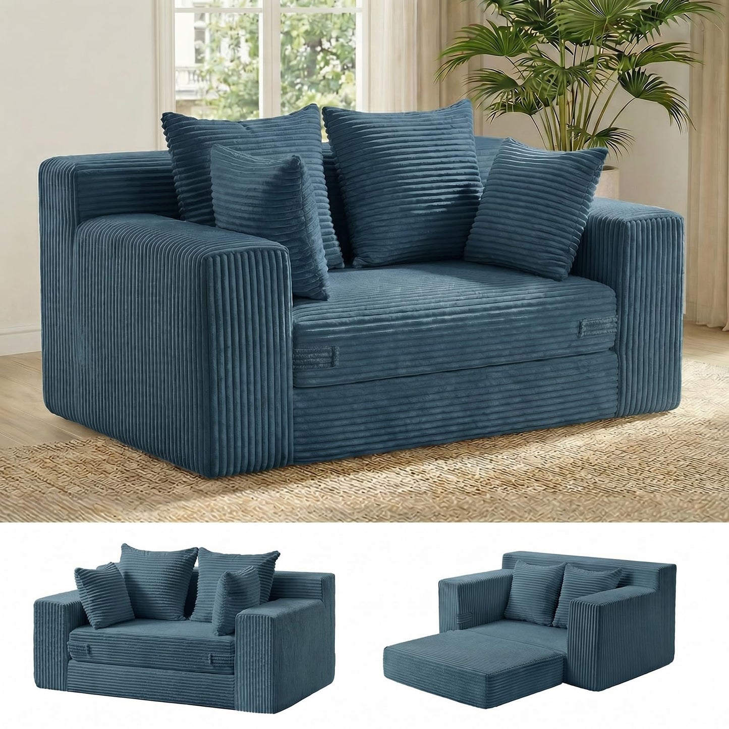 cidludto Convertible Sofa Bed, Boneless Couch 2 in 1 Loveseat Folding Couch Bed Foldable, Chair Bed & Futon Sofa Bed, Small Corduroy Pull Out Sofa with 4 Pillows for Living Room, Blue