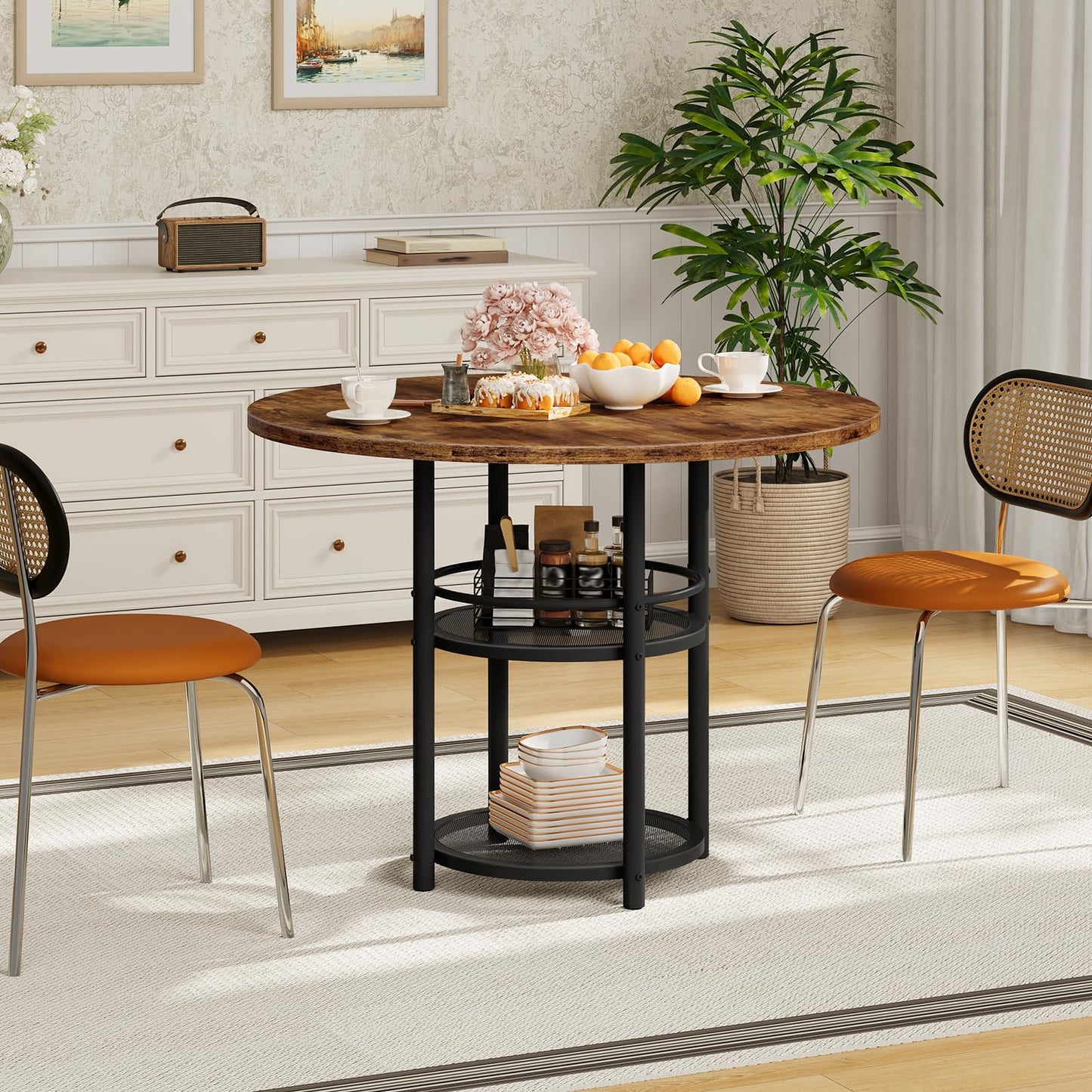 HOOBRO Dining Table, Round Dining Table for 2, 31.5" Kitchen Table for Small Spaces, Farmhouse Small Dining Room Table, 2-Tier Storage, Easy to Assemble, for Living Room, Rustic Brown BF19CZ01