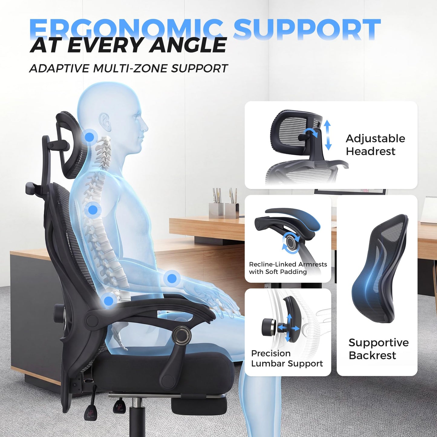 Ergonomic Office Chair - Adjustable Lumbar & Headrest, 90-160° Reclining with Footrest, Breathable Mesh Back - Home Office/Gaming Computer Chair (Modern, Black)