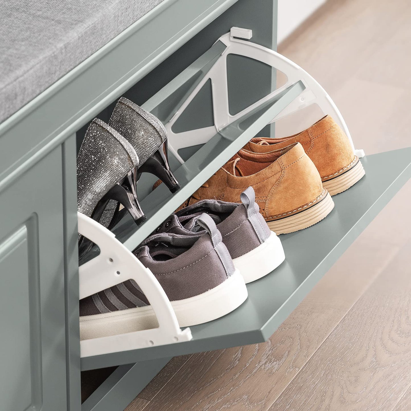 Haotian Grey Storage Shoe Bench with 2 Flip Drawers & Padded Seat Cushion, Enterway Bench Shoe Cabinet Shoe Organizer, Hidden Shoe Rack for Hallway, Bedroom FSR64-HG