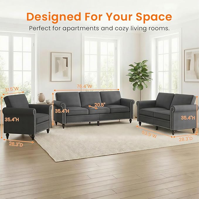 Living Room Sofa Sets 3 Piece, Modern 3 Seater Sofa and Loveseat Couch and