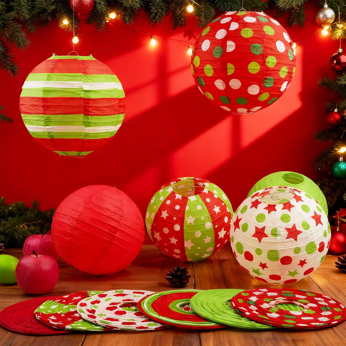 12 Pcs Red Green Christmas Hanging Paper Lanterns 8 Inch Christmas Party Lanterns Indoor Outdoor Decorative for Xmas Holiday Party Baby Shower Birthday