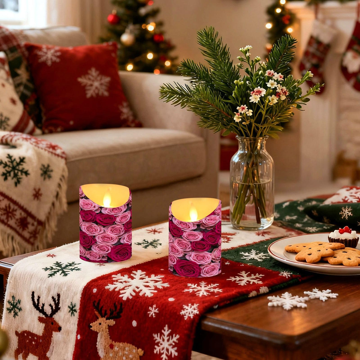 ALAZA Hot Pink Roses Flickering Flameless Candles Battery Operated with Remote Timer,Tea Light Candles LED Pillar Votive Set of 2 for Outdoor Indoor Decorations 3" x5.9"