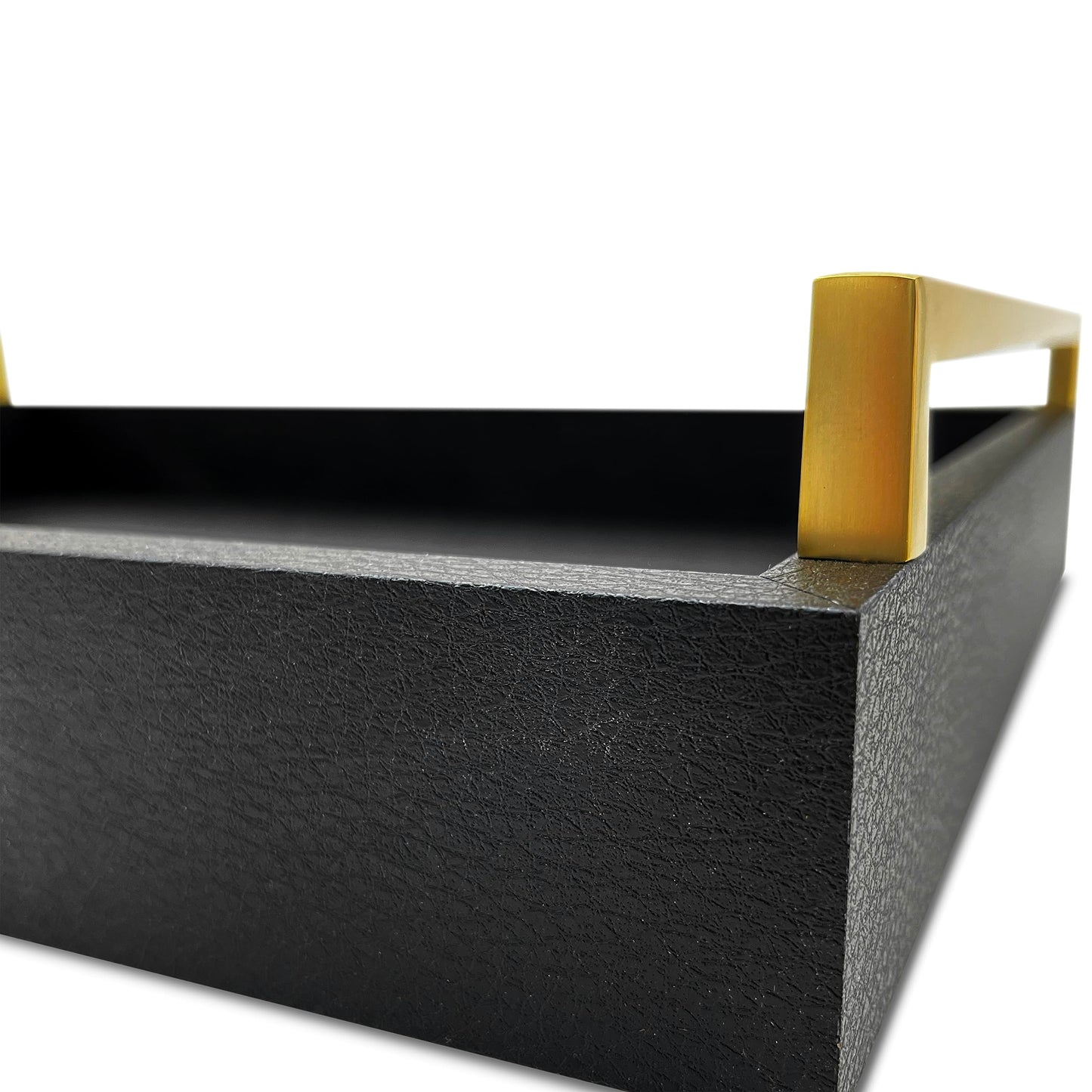 Montecito Home Decorative Coffee Table Tray - Shagreen Faux Leather - Ottoman Tray - Breakfast, Drinks, Liquor Serving Tray - Farmhouse to Modern - Brushed Champagne Gold Handles (Pitch Black)