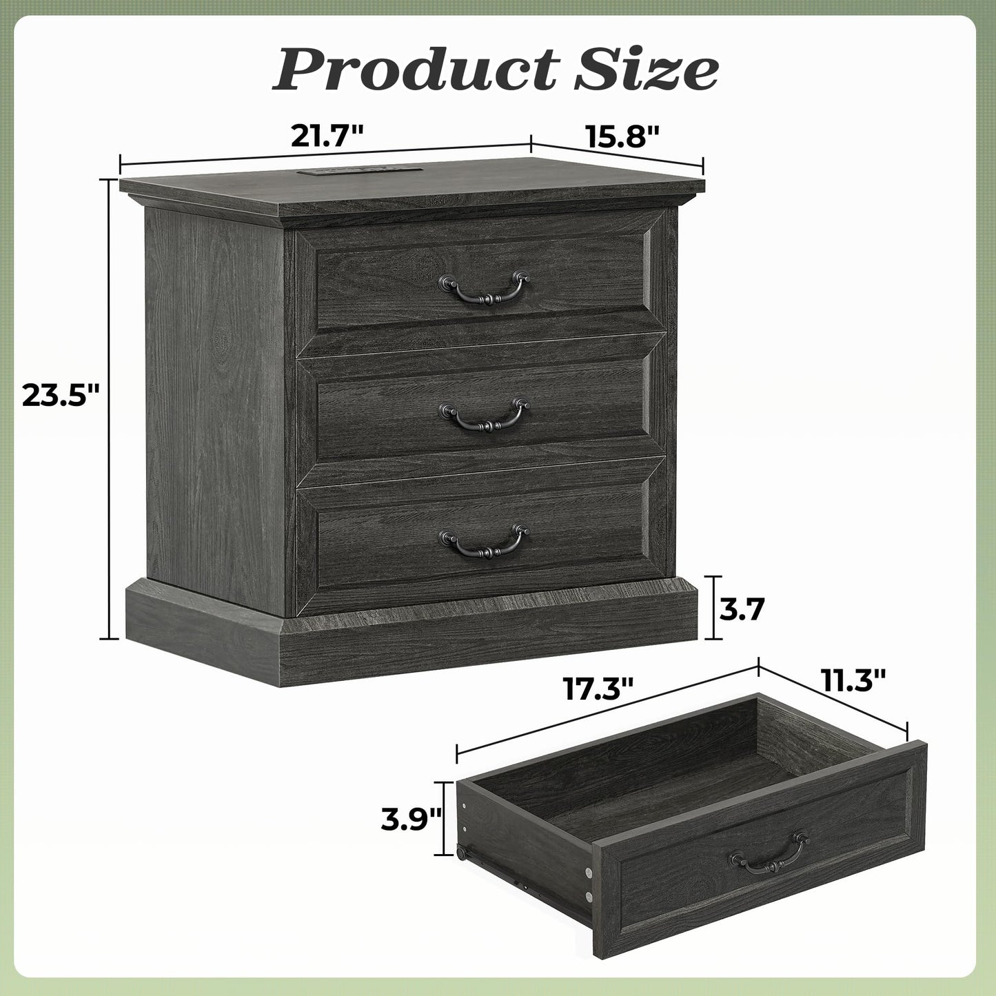 Huuger Nightstand with Charging Station, 3 Drawer Night Stand, 22 Inch Wider Side Table with Storage, Farmhouse Nightstand with Vintage Handles, Thicken Base, for Bedroom, Black