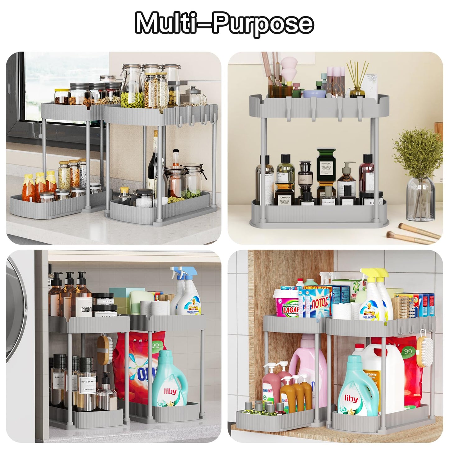 Ukeetap 2 Pack Multi-Purpose Pull-Out Storage Organizers, Under Sink Organizers and Storage for Bathroom & Kitchen, Under Cabinet Organizers and storage, 12.8 Inch, Grey