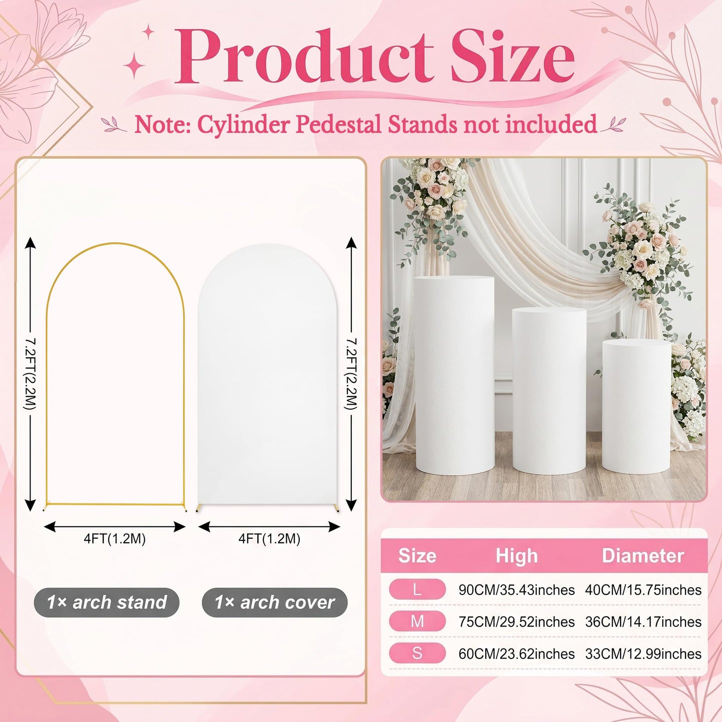 ArtSocket White Cylinder Pedestal Stand Covers Set of 3, 7.2FT Arch Backdrop Stand and White Arch Cover Set, Elastic Spandex Cloth Plinth Pillar Cover for Wedding Birthday Parties Event Decor Props