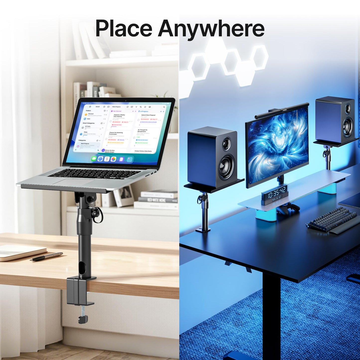 Adjustable Clamp-on Speaker Stand Pair, Height Tilt Swivel Adjustable Desktop Speaker Mounts, Heavy Duty Universal Monitor Speaker Stands for Home Office Studio Bookshelf Speakers,Black