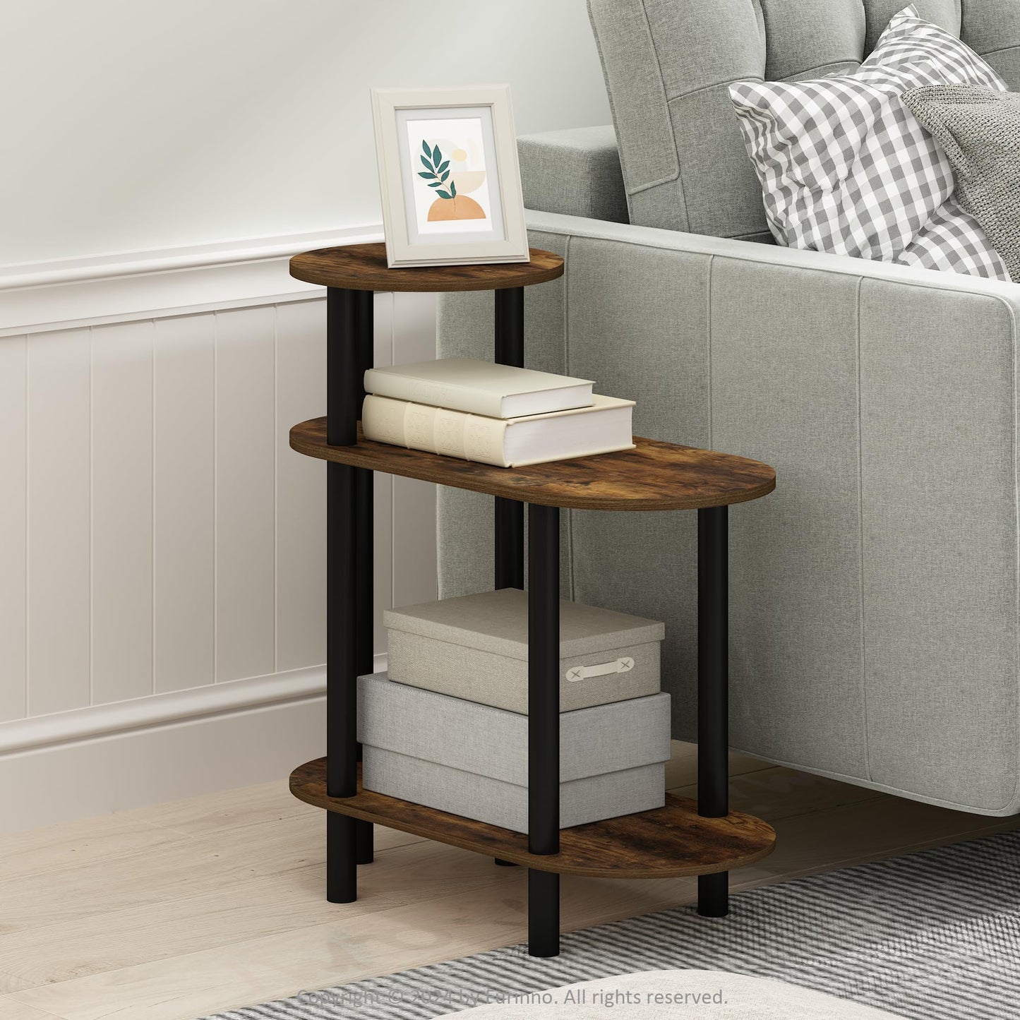 Furinno Turn-N-Tube Side Table, 3-Tier Oval Sofa End Table with Open Shelf, Toolless Assembly Night Stand, Bedside Table, for Living Room, Bedroom, Amber Pine