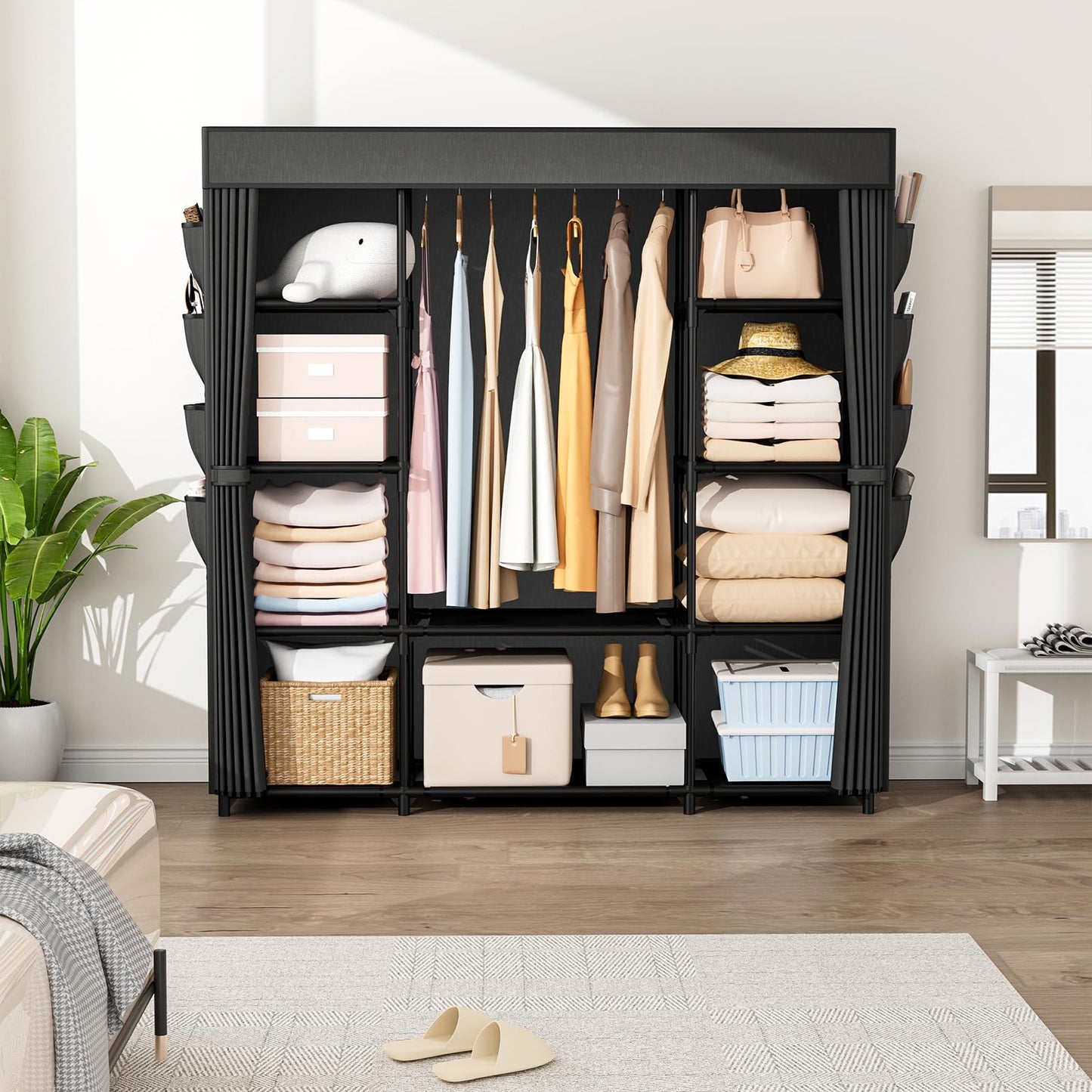 BrFoYu Portable Closet for Hanging Clothes 57.3 Inch Large Capacity Wardrobe Closet with Cover, 8 Pockets and 1 Hanging Rod, Easy Assembly Closet Organizer for Bedroom, Black