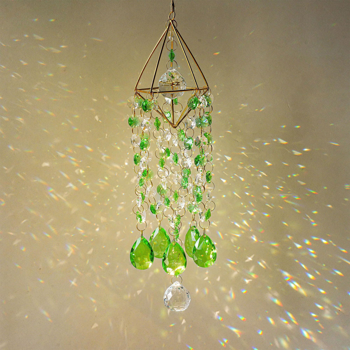 HDCRYSTALGIFTS Crystal Suncatcher Glass Wind Chimes Style Sun Catchers Indoor Window Rainbow Prisms Suncatcher for Window Hanging Home Garden Decor (21.5inch,Green)