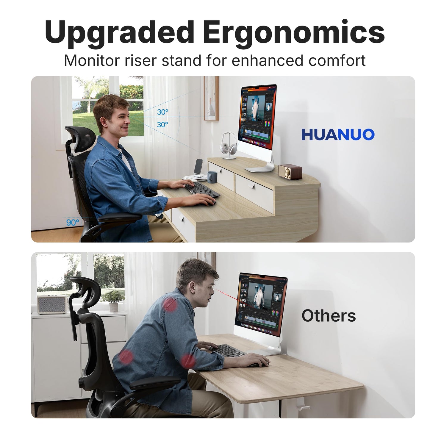 HUANUO 32 X 20 inch Electric Standing Desk with 4 Drawers, Adjustable Height Sit Stand Home Office Desk, C-Clamp Mount Compatible, Ergonomic Stand up Desk with 4 Preset Heights, Natural