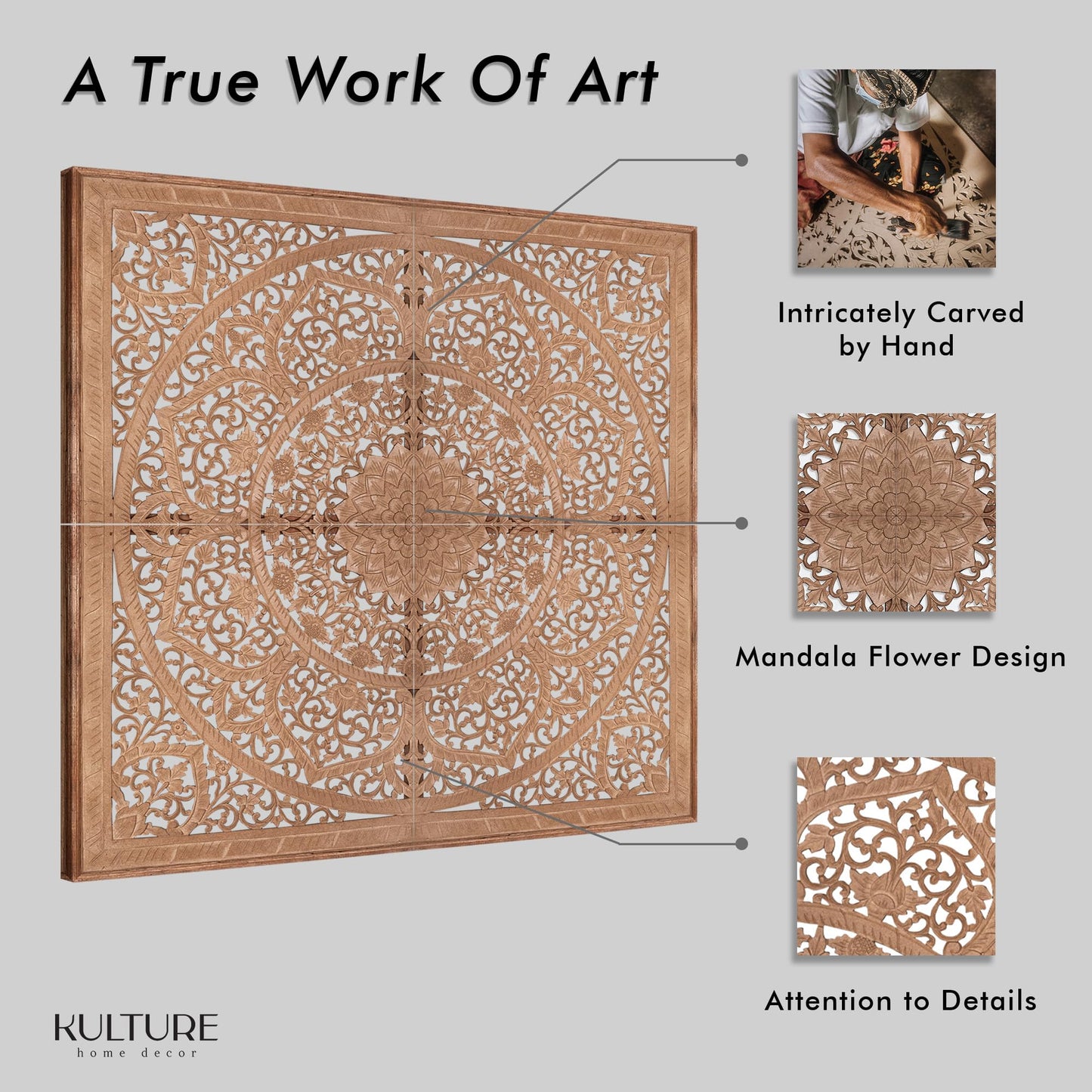 KultureDeco Personalized Carved Headboard Wall Panels, Manusa Natural Brown, Customizable Handcrafted Headboard from Bali Indonesia, Wall Mounted Behind Bed, King or Queen Size, Hardware Included