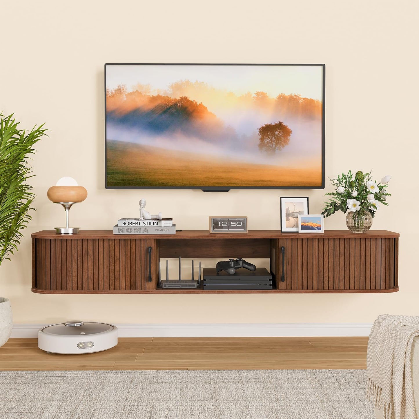 Snughome 55" Floating TV Stand for TVs up to 65", Fluted Floating Entertainment Center with Sliding Door, Wall Mounted TV Shelf, Mid-Century Modern TV Console for Living Room, Bedroom