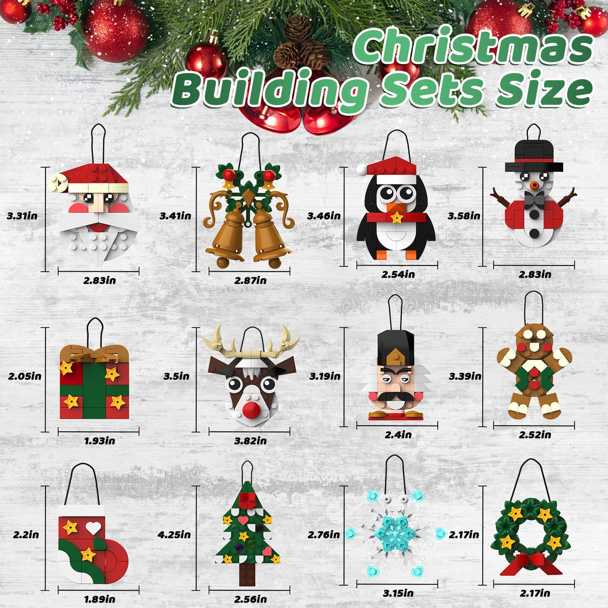 Christmas Ornaments Building Blocks Set,12 PCS Christmas Ornaments Building Kit, Santa, Snowman, Reindeer, Christmas Tree, Snowflake, Stocking, Stocking Stuffers Decor Toys Gifts for Boys Girls Kids