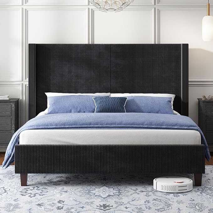 HOWE Queen Size Bed Frame with 50.8" Tall Wingback Headboard, Modern Corduroy