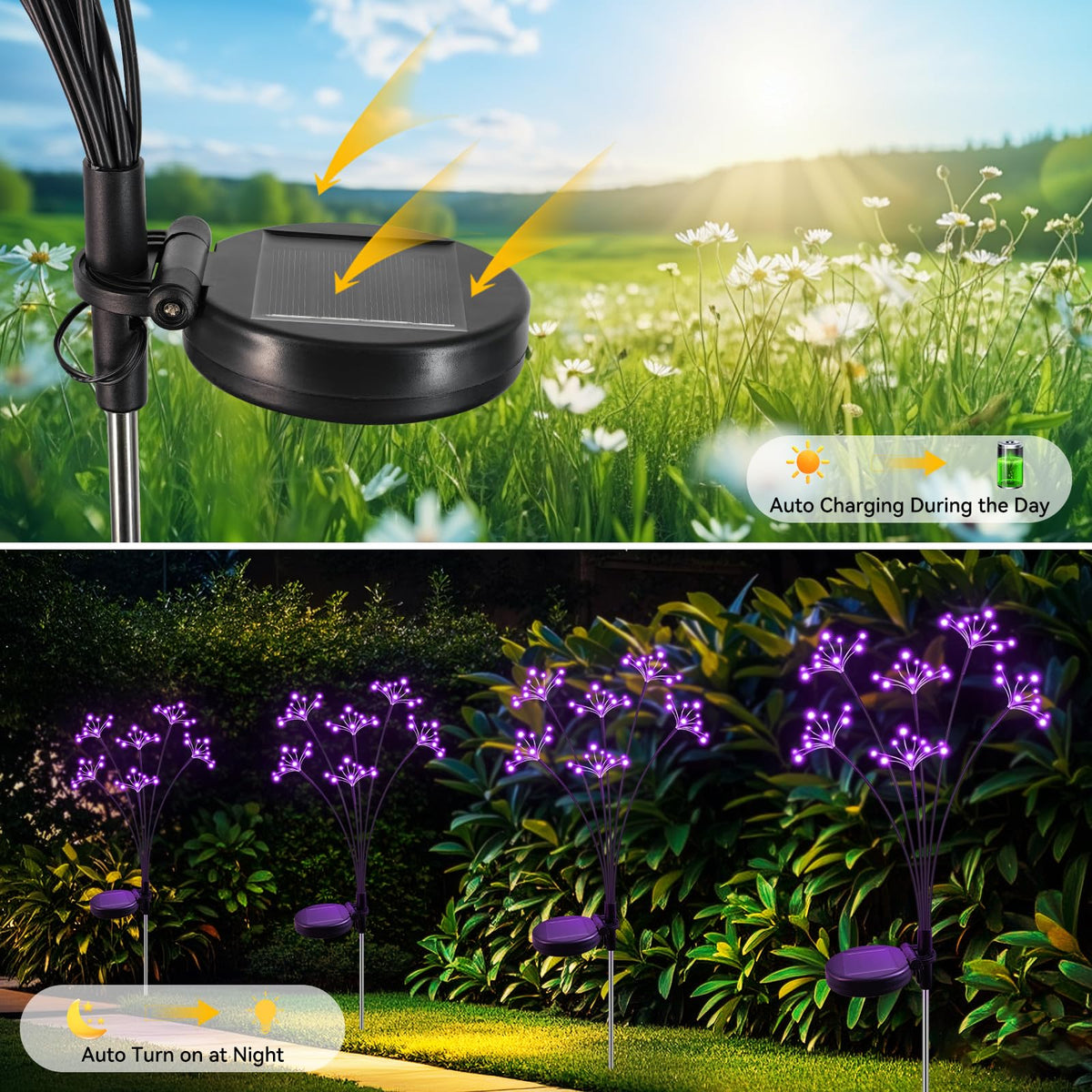 Solar Garden Lights 2 Pack Waterproof Solar Swaying Starburst Light Outdoor Lights for Yard Patio Walkway Pathway Party Wedding Christmas Decoration, Purple