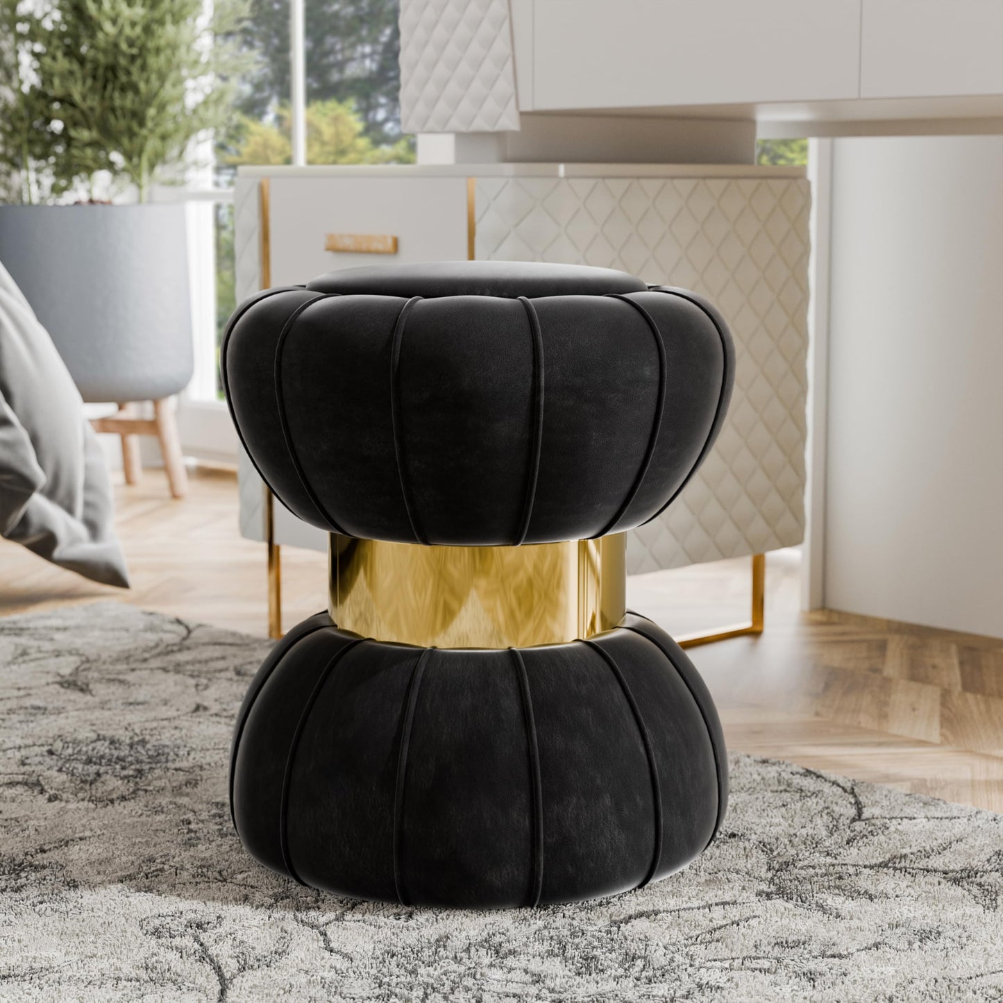 Furniture of America Magnus Modern 15-inch Upholstered Ottoman with Hourglass Shape and Stainless Steel Gold Trim, Vanity Stool Chair, Small Foot Stool for Bedroom, Living Room, Entryway, Black