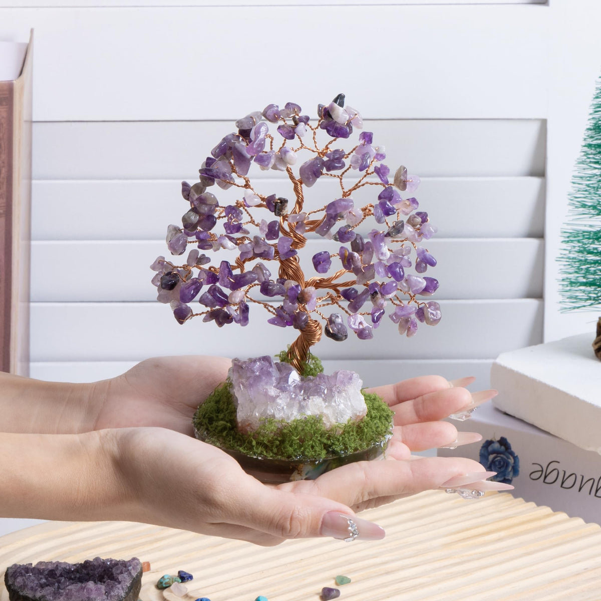 Dreamocean Amethyst Crystal Tree of Life Healing Crystal Money Gemstone Bonsai Tree with Natrual Amethyst Cluster Geode Home Office Desk Reki Decor for Women Purple Gifts for Women（Purple）