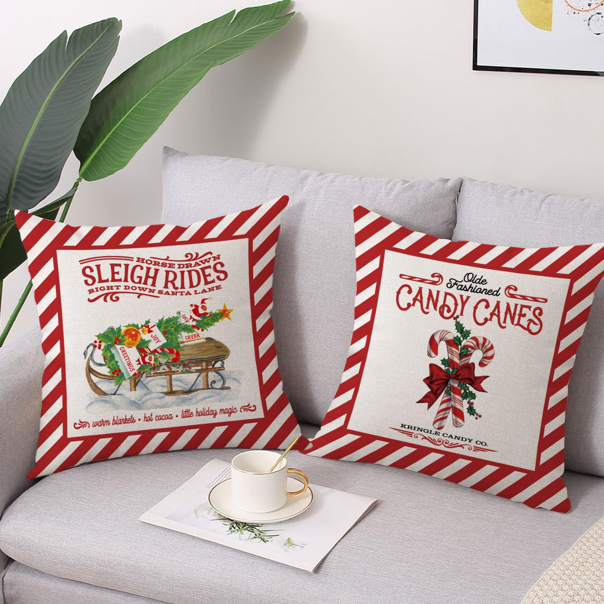Coeufuedy Christmas Pillow Covers 18x18 Set of 4 Candy Canes Elk Santa Claus Sleigh Rides Winter Holiday Decoration Cushion Case for Sofa Couch Home Decor
